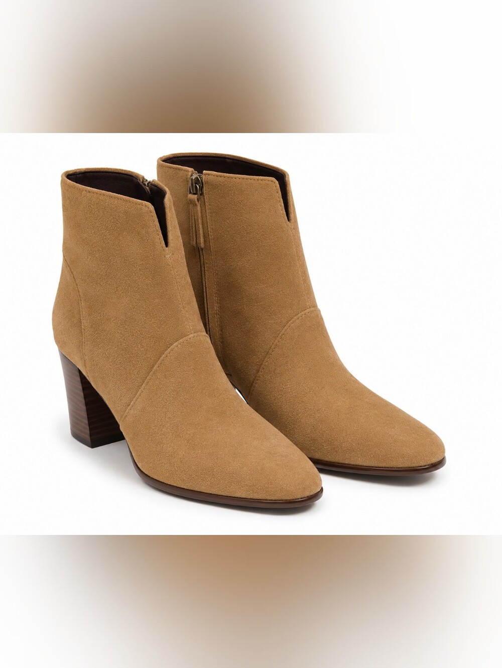 Franco Sarto Pia Tan Suede Ankle Boots 8 Block Heel Almond Toe Booties Neutral
